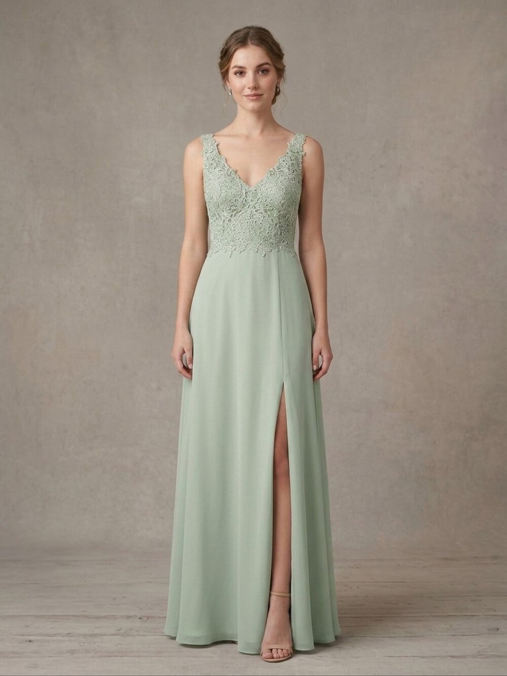Women's Sage Green Formal Floral Lace Bodice Floor Length A-line Gown Medium